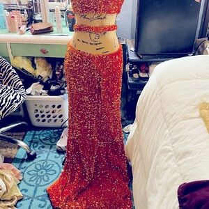 Orange sequin long dress w/ train